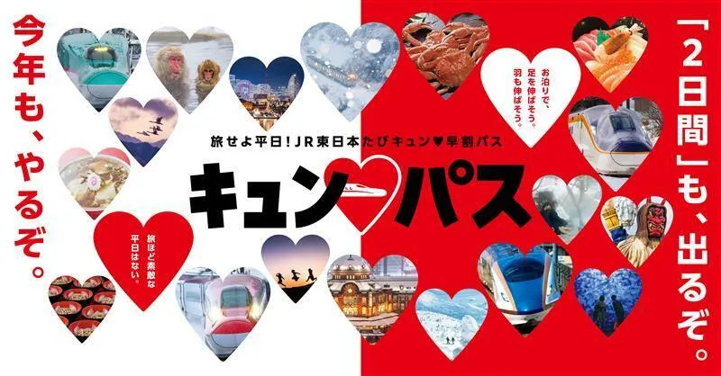 1枚キュンパス3月5日 3/5 JR東日本 JR東日本たびキュン 早割パス キュン♥パス】2025年も平日1日間・連続する2日間JR東日本乗り