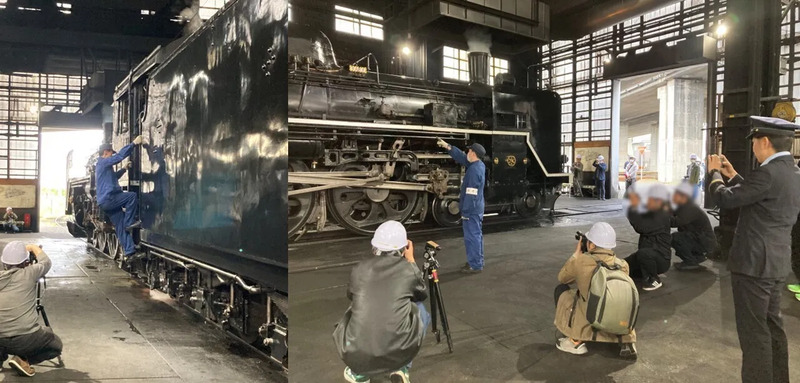 お客さまのご要望を受けてポージングする機関士
