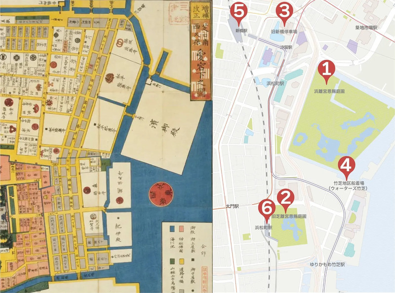 （左）『〔江戸切絵図〕』芝愛宕下絵図,尾張屋清七,嘉永2－文久2(1849－1862)刊. 国立国会図書館デジタルコレクションより一部切抜 (右)国土地理院地図