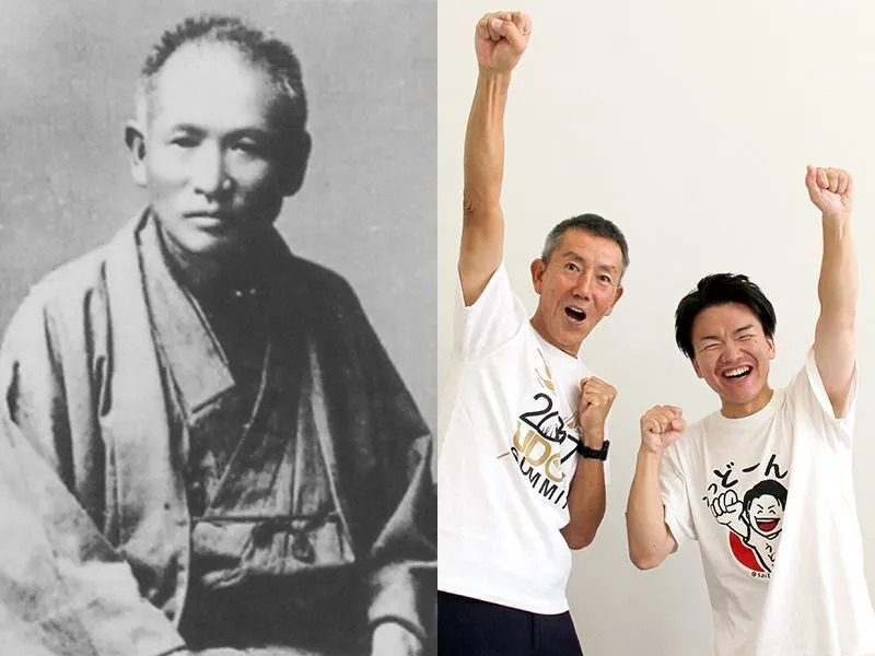 麦翁と呼ばれた権田愛三さん（左）、愛三さんの玄孫の宣行さんと武正さん（右）