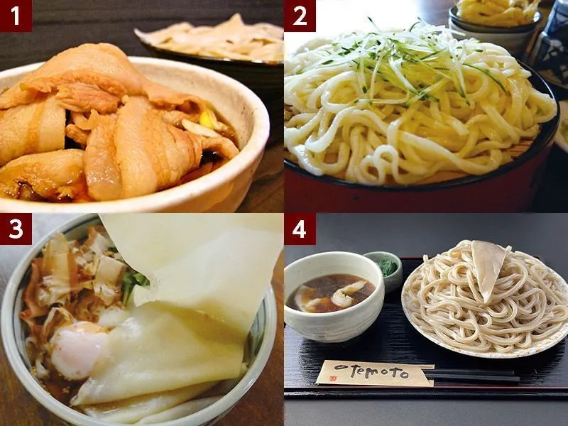 ①熊谷うどん（元祖熊谷うどん福福） ②加須うどん（つるや） ③こうのす川幅うどん（手打ちうどん 長木屋） ④武蔵野うどん（三丁目の手打ちうどん）