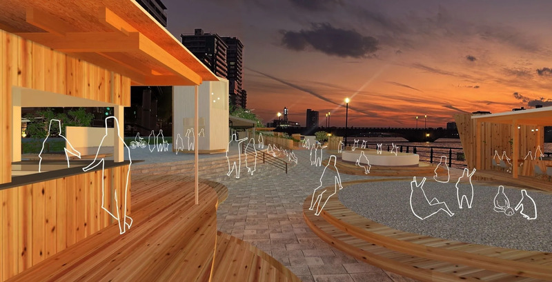 萬代橋を望む信濃川沿いに広がる、万代島のリバーフロント空間。※画像はイメージです （画像提供：Designed by EA Research and Design Office × Yuki Hirano Architects）