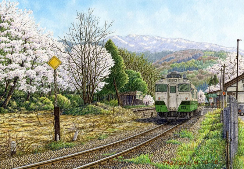 鉄道風景画「春、歩む」只見線 会津柳津 (福島県柳津町)