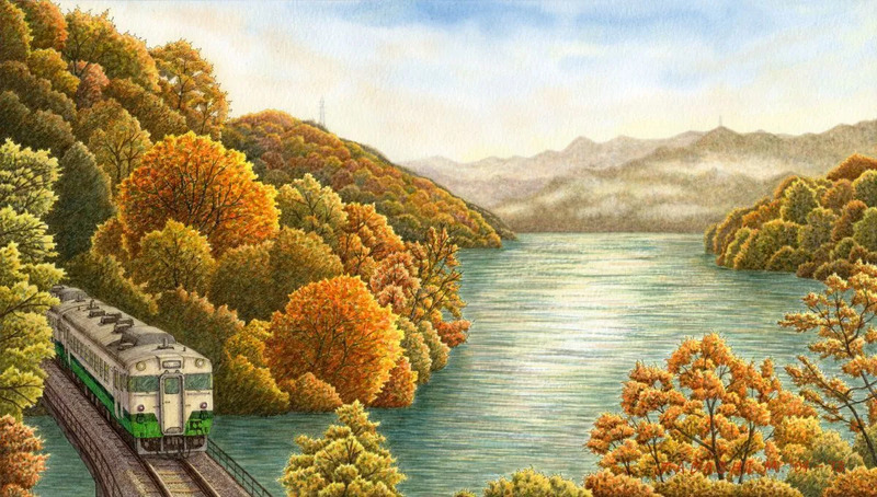 鉄道風景画「湖上錦繍」只見線 只見－田子倉 (福島県只見町)