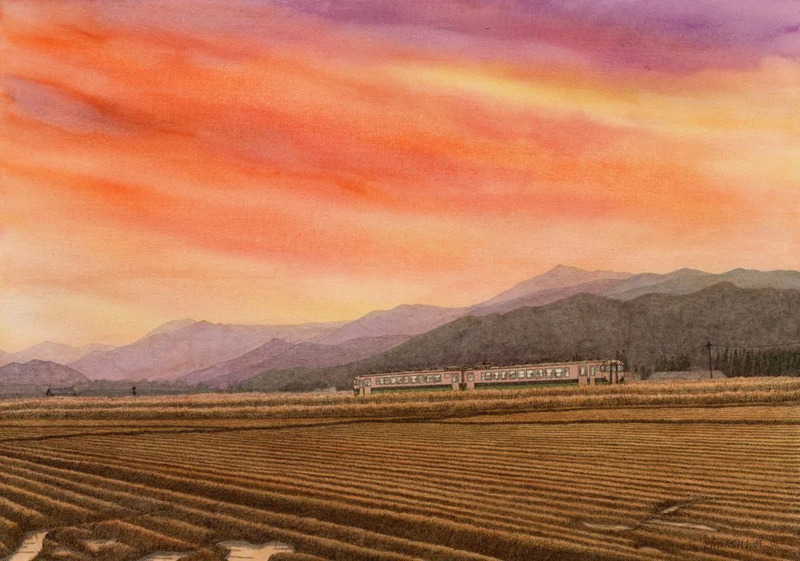 鉄道風景画「帰り道は茜空」只見線 会津高田－根岸（福島県会津美里町）提供：松本忠