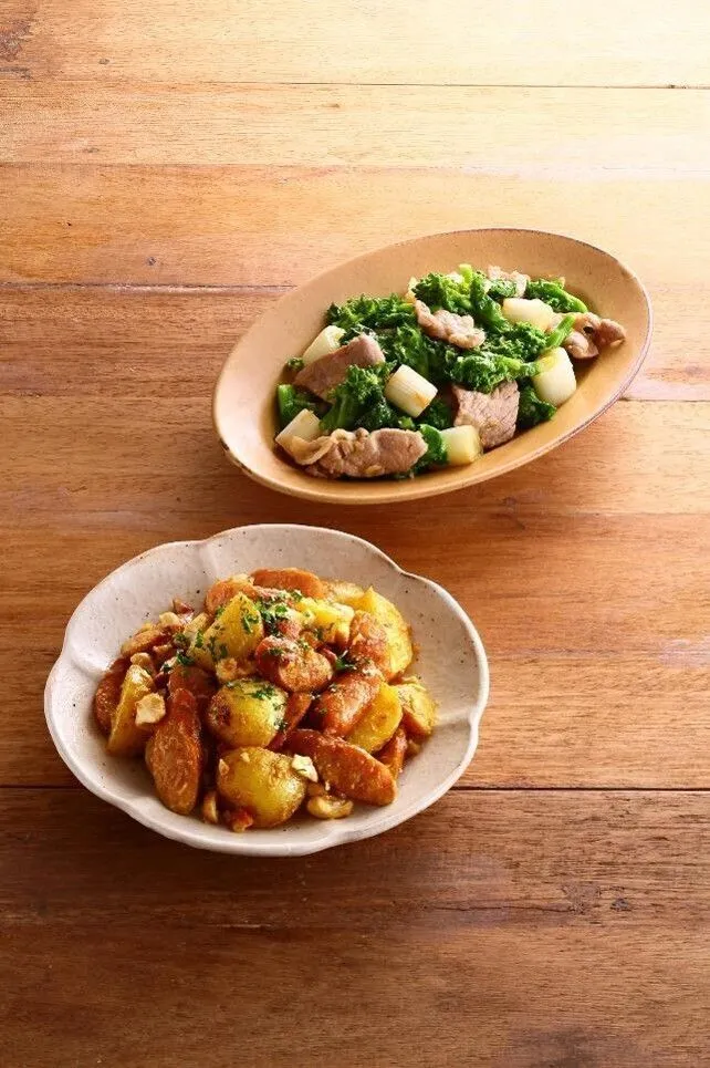 フライパンにBを熱し、香りが出たら①、白ねぎを炒める。肉の色が変わったら、菜の花、Cを加えて炒め合わせる。