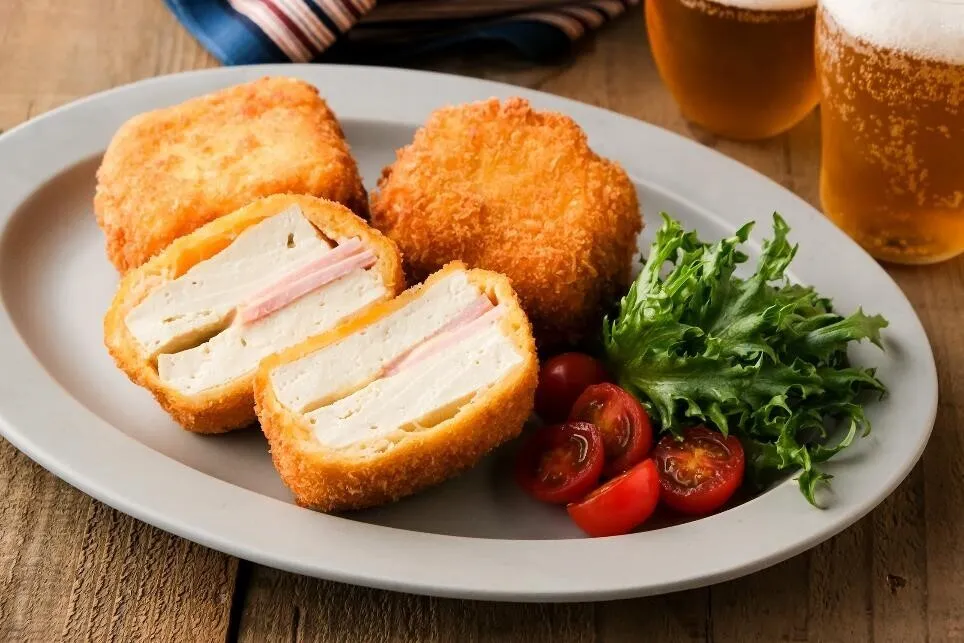 小麦粉、溶き卵、パン粉の順に衣をつけ、170℃に熱した油で揚げる。