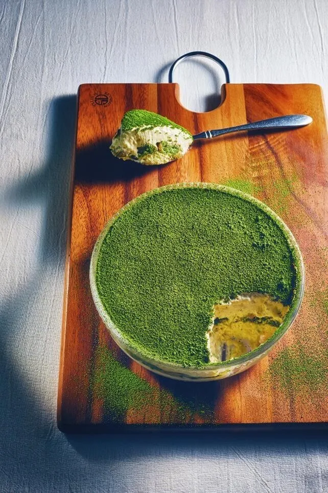 器に⑥の半量を流し、③に浸したフィンガービスケットを並べ、残りの⑥を流して平らにならす。冷蔵庫で冷やし固め、仕上げに抹茶をふる。
