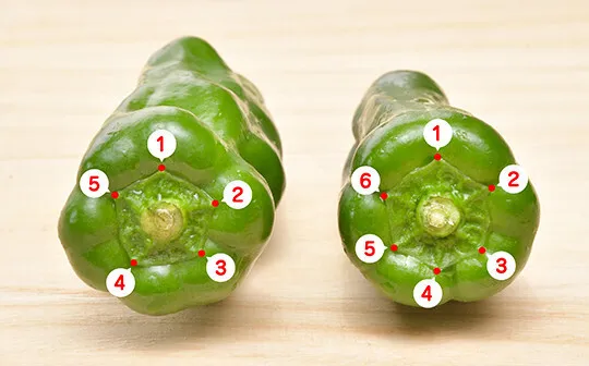 【POINT】苦味の少ないピーマンを選ぶなら、ヘタの形を確認しましょう。5角形のものより6角形の方が、甘みが増す傾向があるそうです。