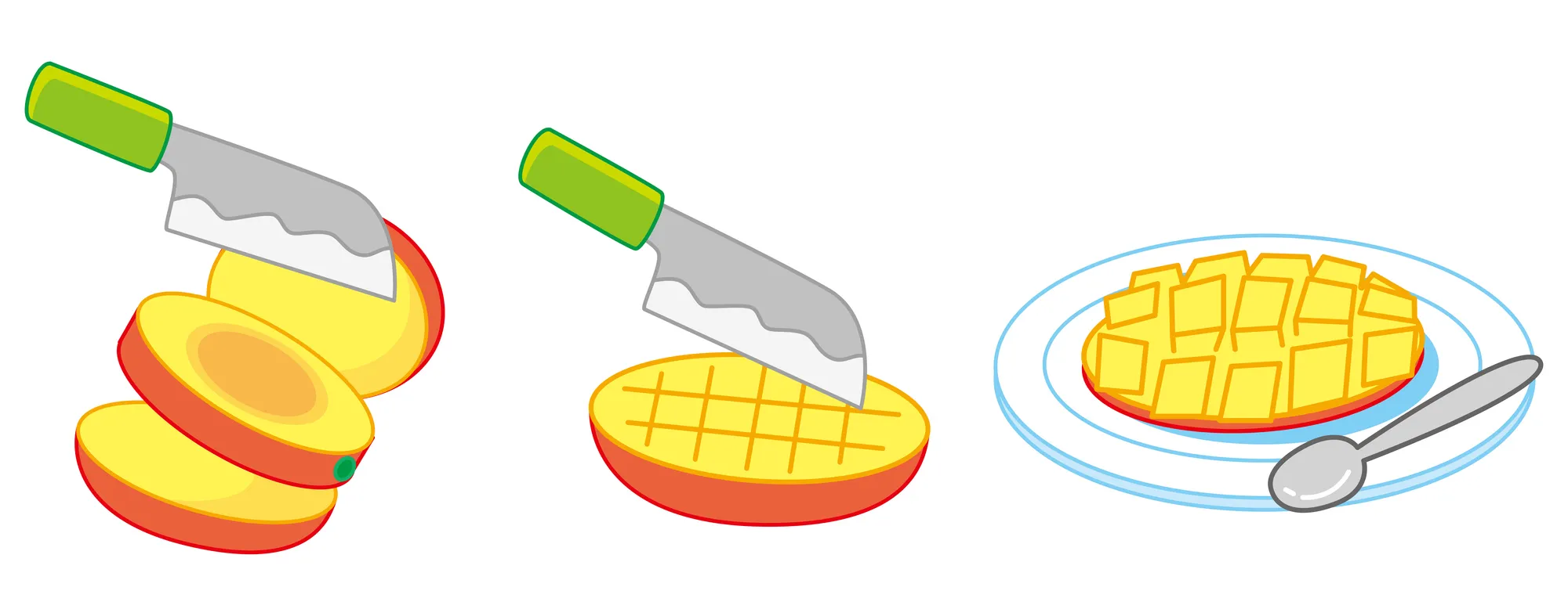 マンゴーをまな板に横向きに置き、縦に3枚にスライスする。
※マンゴーの中心には平たい種があるため、種を避けて切る。